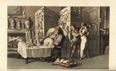 Johnny a levar à empregada Molly um copo de vinho no salão enquanto Sir Jeffery Gourmand dorme na mesa de jantar. Quase apanhado por outro criado à porta. Gravura em chapa de cobre colorida à mão por Thomas Rowlandson de The History of John, de William Com de Thomas Rowlandson