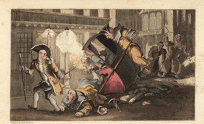 Johnny atirado de uma cadeira de sedan quando os carregadores se atiram sobre uma pilha de pedras na rua. Chegam os guardas noturnos com lanternas e guizos. Gravura em chapa de cobre colorida à mão por Thomas Rowlandson de The History of Johnny Quae Genus  de Thomas Rowlandson