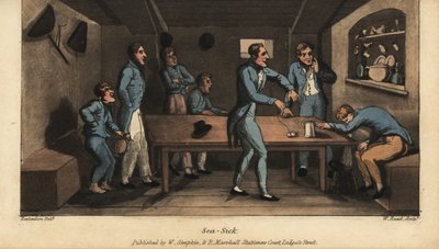 Johnny vomita para dentro de um balde na cabine enquanto o seu navio zarpa. Outro oficial propõe um remédio de água salgada e um pedaço de carne de porco salgada num fio. Gravura em chapa de cobre colorida à mão por W. Leia depois de uma ilustração de Thom de Thomas Rowlandson