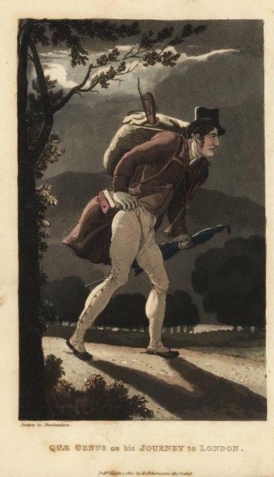 Johnny a andar na estrada iluminada pela lua para Londres. Ele tem uma mochila com violino, um livro no bolso do casaco, e carrega um guarda-chuva. Gravura em chapa de cobre colorida à mão por Thomas Rowlandson de The History of Johnny Quae Genus, o Pequen de Thomas Rowlandson