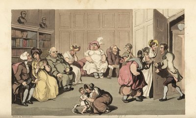 Johnny com outros pacientes na sala de espera do médico curandeiro Anodyne. Gravura em chapa de cobre colorida à mão por Thomas Rowlandson de The History of Johnny Quae Genus de William Combe, o Pequeno Fundador da falecida Sintaxe do Doutor. de Thomas Rowlandson