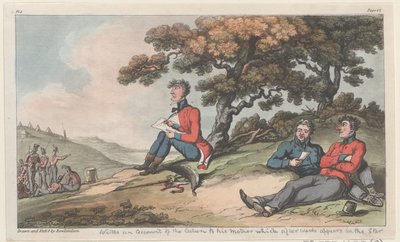 Johnny escreve um relato da ação para sua mãe, que depois aparece no Star..., 1815. de Thomas Rowlandson