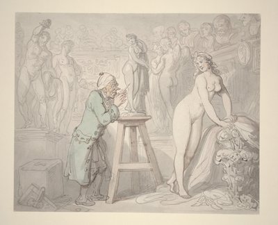 Joseph Nollekens em seu estúdio, c.1810 (lápis, tinta e aquarela sobre papel) de Thomas Rowlandson