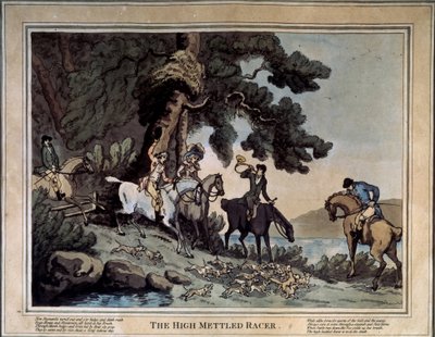 A reunião dos altos mensageiros (O corredor de alta coragem). Desenho de Thomas Rowlandson (1756-1827). Gravura e aquarela de Thomas Rowlandson