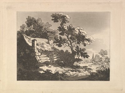 Paisagem com uma cabana entre as árvores à esquerda e a torre de uma igreja ao longe à direita de Thomas Rowlandson