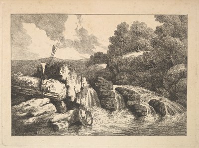 Paisagem com dois pescadores que escalam rochas ao lado de uma cachoeira, 1784-88. de Thomas Rowlandson