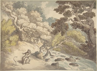 Paisagem com um ribeiro caudaloso e um casal na margem, assustado por uma cobra de Thomas Rowlandson