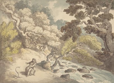 Paisagem com riacho impetuoso e um casal na margem, assustado por uma cobra, 1775-1827. de Thomas Rowlandson