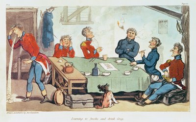 Aprendendo a fumar e beber grogue. 1815 de Thomas Rowlandson
