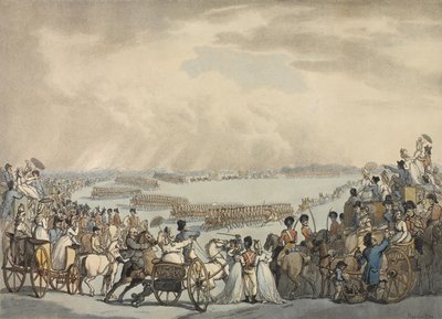 Voluntários do Cavalo Leve de Londres e Westminster, comandados pelo coronel Herries, revisado por Sua Majestade em Wimbledon Common, 5 de julho de 1798 (aquatinta colorida) de Thomas Rowlandson