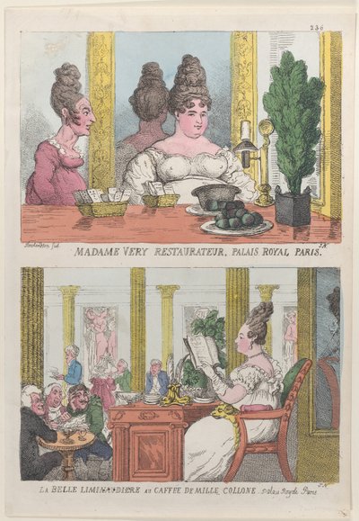 Madame Very Restauranteur, Palais Royal Paris e La Belle Liminaudiere no Caffee De Mille..., 1814. de Thomas Rowlandson