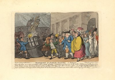 Homem e senhora à procura de uma carruagem na multidão, à chuva. de Thomas Rowlandson