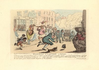 Um homem a perseguir o seu chapéu por uma rua lamacenta com um vento forte. de Thomas Rowlandson