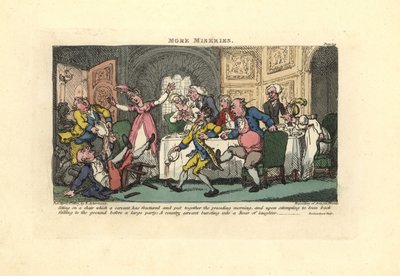 Homem a cair de uma cadeira partida num jantar. de Thomas Rowlandson