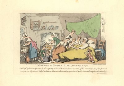 O homem na sua cama doente rodeado de mulher, filhos e correio. de Thomas Rowlandson
