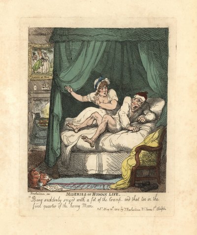 Homem apanhado por cãibras nas pernas na cama de lua-de-mel. de Thomas Rowlandson