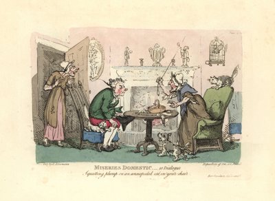 Homem sentado num gato assustado na sua cadeira. de Thomas Rowlandson
