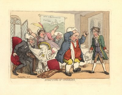 Homem de pé enquanto se asfixia à mesa de jantar. de Thomas Rowlandson
