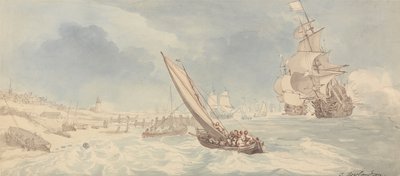Navios de guerra e barcos à vela junto à costa de Thomas Rowlandson