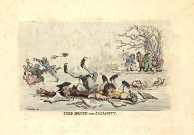 Homens e mulheres patinando em gelo fino e caindo em um ri gelado de Thomas Rowlandson