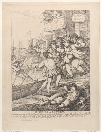 As misérias de Londres: Ao entrar em qualquer uma das pontes de Londres ou em qualquer uma das passagens que conduzem ao Tamisa, ser assaltado por um grupo de barqueiros que levantam as mãos e gritam: «Remos! Remos! Remos! Remos!» de Thomas Rowlandson