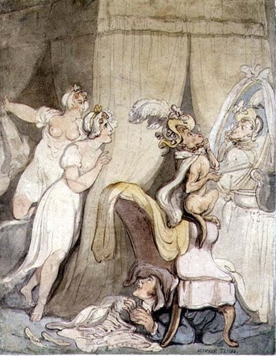 Monkey Tricks, c.1800 (caneta e tinta com aguarela sobre papel) de Thomas Rowlandson