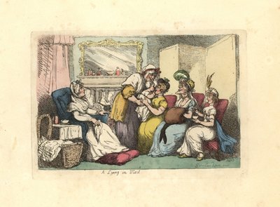 Mãe com bebé recém-nascido visitada por várias mulheres num salão. de Thomas Rowlandson