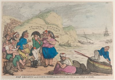 Cochilo Temendo Sua Doeful Doom ou Sua Grande Entrada na Ilha de Elba, 20 de abril, ..., 20 de abril de 1814. de Thomas Rowlandson