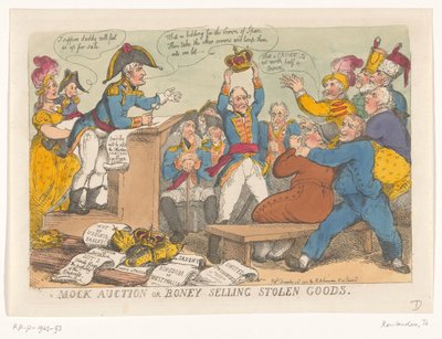 Napoleão vende mercadorias roubadas, 1813 Leilão simulado ou Boney vendendo bens roubados (título do objeto) de Thomas Rowlandson