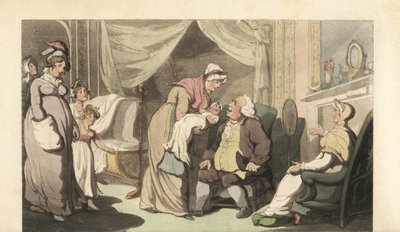 Enfermeira mostrando um bebê para um homem e uma mulher velhos de Thomas Rowlandson