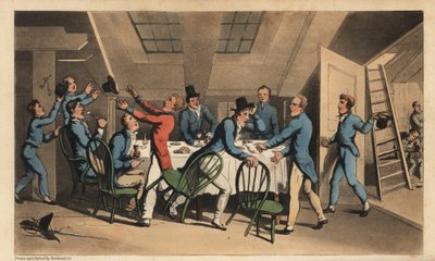 Oficiais e Meia-naveiros a celebrar a notícia de que o Capitão deixou o navio. Gravura em chapa de cobre colorida à mão por W. Leia depois de uma ilustração de Thomas Rowlandson de Alfred Burton
