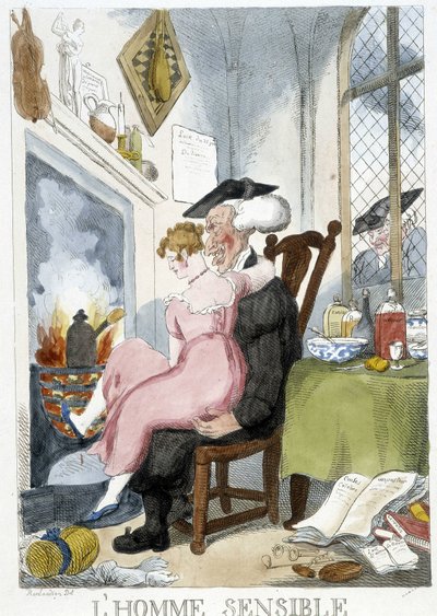 Velho (esiastico) apalpar uma jovem mulher sentada de joelhos - caricatura de Rowlandson de Thomas Rowlandson