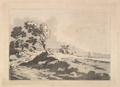 Paisagem aberta com três cavaleiros a uma distância média, indo para a direita, Windblo ..., 1784-88. de Thomas Rowlandson