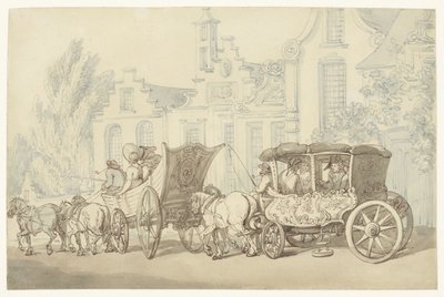 Carro de turismo aberto e carruagem numa rua quase Holandesa de Thomas Rowlandson