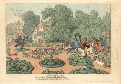 O pastor a amaldiçoar caçadores de raposas e cães de caça a espezinhar o seu jardim. de Thomas Rowlandson