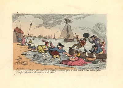 Passageiros a escorregar e a cair na lama do rio. de Thomas Rowlandson
