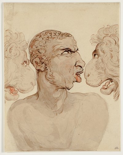 Estudo fisionômico da cabeça de um homem e dois leões de Thomas Rowlandson