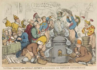Químico político e alemão responde ou dissolve a confederação renana, pub. 1813 (gravura colorida à mão) de Thomas Rowlandson