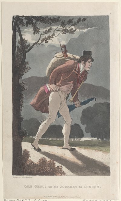 Quae Genus em sua viagem a Londres, de The History of Johnny Quae Genus, The ..., 1 de março de 1822. de Thomas Rowlandson