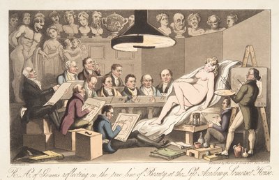 R - A - ys do Genius refletindo sobre a verdadeira linha da Beauty at the Life Academy, Somerset House, do The English Spy, pub. 1824 (gravura colorida à mão) de Thomas Rowlandson