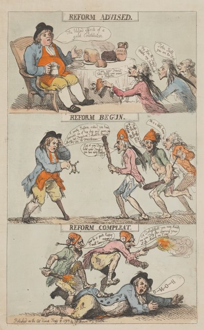Reforma aconselhada — Reforma iniciada — Reforma concluída (concluída) de Thomas Rowlandson