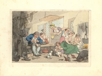 Regency cobbler a remendar sapatos numa sala cheia de gente. de Thomas Rowlandson