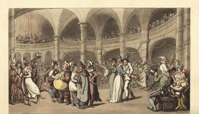 Reveladores disfarçados num baile de máscaras num grande teatro de Thomas Rowlandson