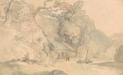 Cena ribeirinha com pequenos barcos de Thomas Rowlandson
