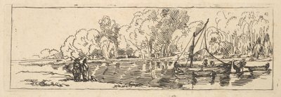 Cena num rio ou lago: um veleiro e um bote com figuras na margem mais próxima de Thomas Rowlandson
