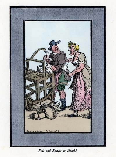 Roaming e retamer de clientes mostrando o fundo de um pote. Ele bate num pote de metal com um martelo num banco portátil. Gravura em madeira, baseada numa pintura de Thomas Rowlandson (1756-1827), publicada em The Cris of London: com seis crianças encantad de Thomas Rowlandson