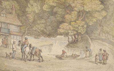 Cena rústica com um rio e uma ponte de Thomas Rowlandson