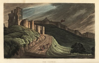 Castelo de Scarborough: turistas subindo a colina até o castelo de pedra do século XII. Gravura em chapa de cobre colorida à mão por Thomas Rowlandson depois de um esboço de J. Green dos Esboços Poéticos de Scarborough, Ackermann, Londres. de Thomas Rowlandson