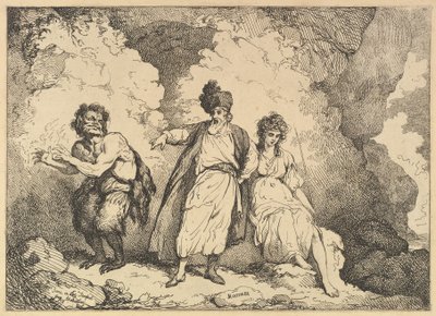 Cena da Tempestade: Caliban, Prospero e Miranda, [1783-87] reemitido em 1801. de Thomas Rowlandson