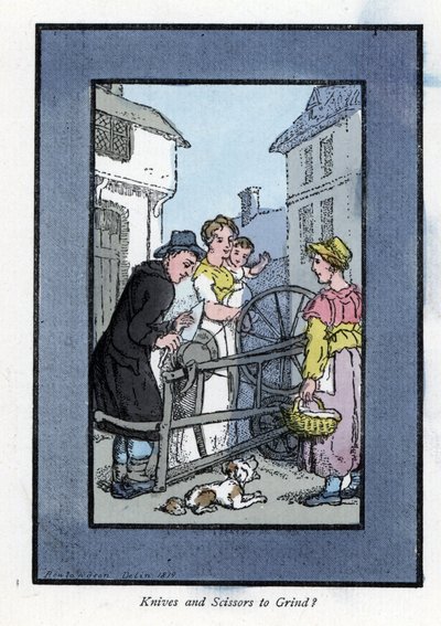 Afiador afiando uma faca na sua mó, com os seus clientes (1819). Gravura em madeira, baseada numa pintura de Thomas Rowlandson (1756-1827), publicada em The Cris of London: com seis crianças encantadoras e quase 40 ilustrações, de Andrew Tuer, Fiel de Thomas Rowlandson